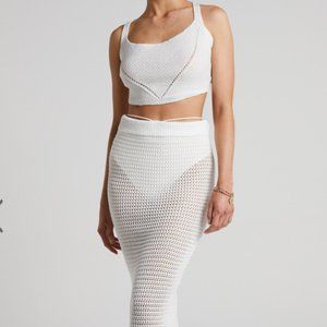 AVEDA TWO PIECE SET - CROCHET LACE UP BACK CROP TOP AND MAXI SKIRT IN WHITE